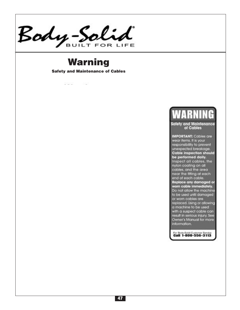 Warning | Body Solid G2B User Manual | Page 47 / 86