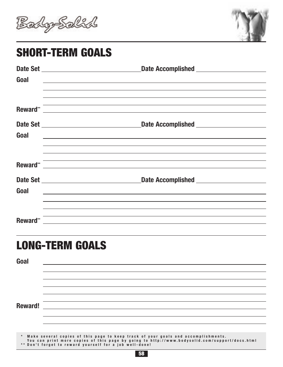 Fitness goals, Short-term goals, Long-term goals | Body Solid G2B User Manual | Page 58 / 86