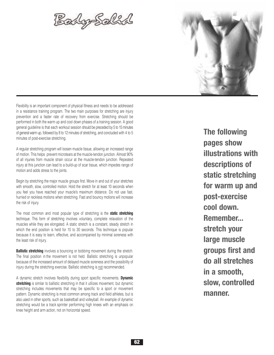 Flexibility, Stretching | Body Solid G2B User Manual | Page 62 / 86