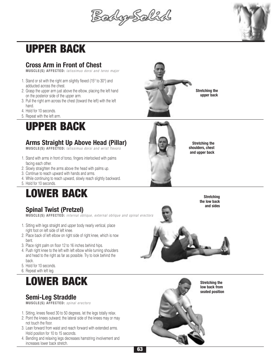 Stretching, Warm-up/cool-down, Upper back | Lower back | Body Solid G2B User Manual | Page 63 / 86