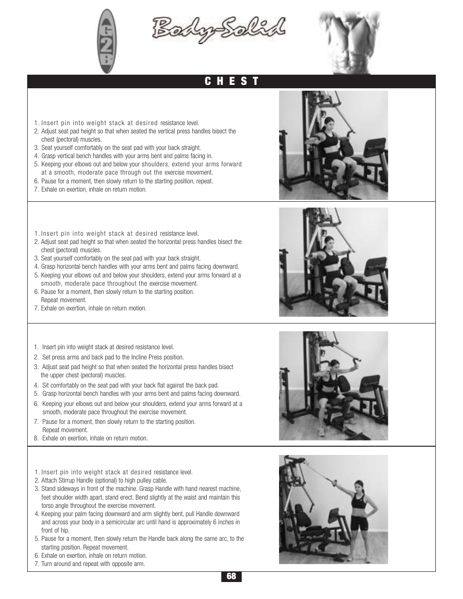 Workout, Chest press, High cable crossover | Incline press | Body Solid G2B User Manual | Page 68 / 86