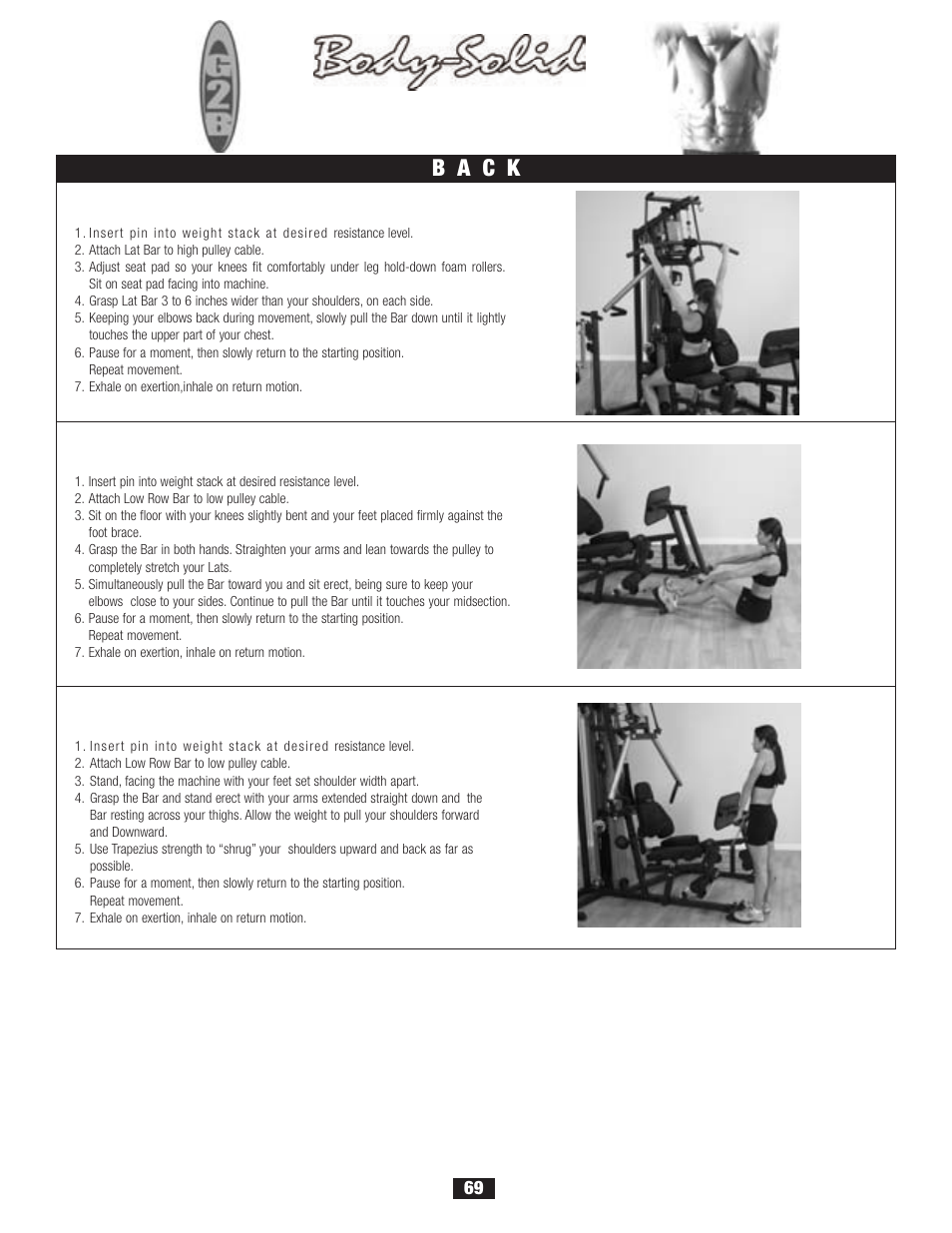 Workout, B a c k, Lat pulldown | Seated row, Shrugs | Body Solid G2B User Manual | Page 69 / 86