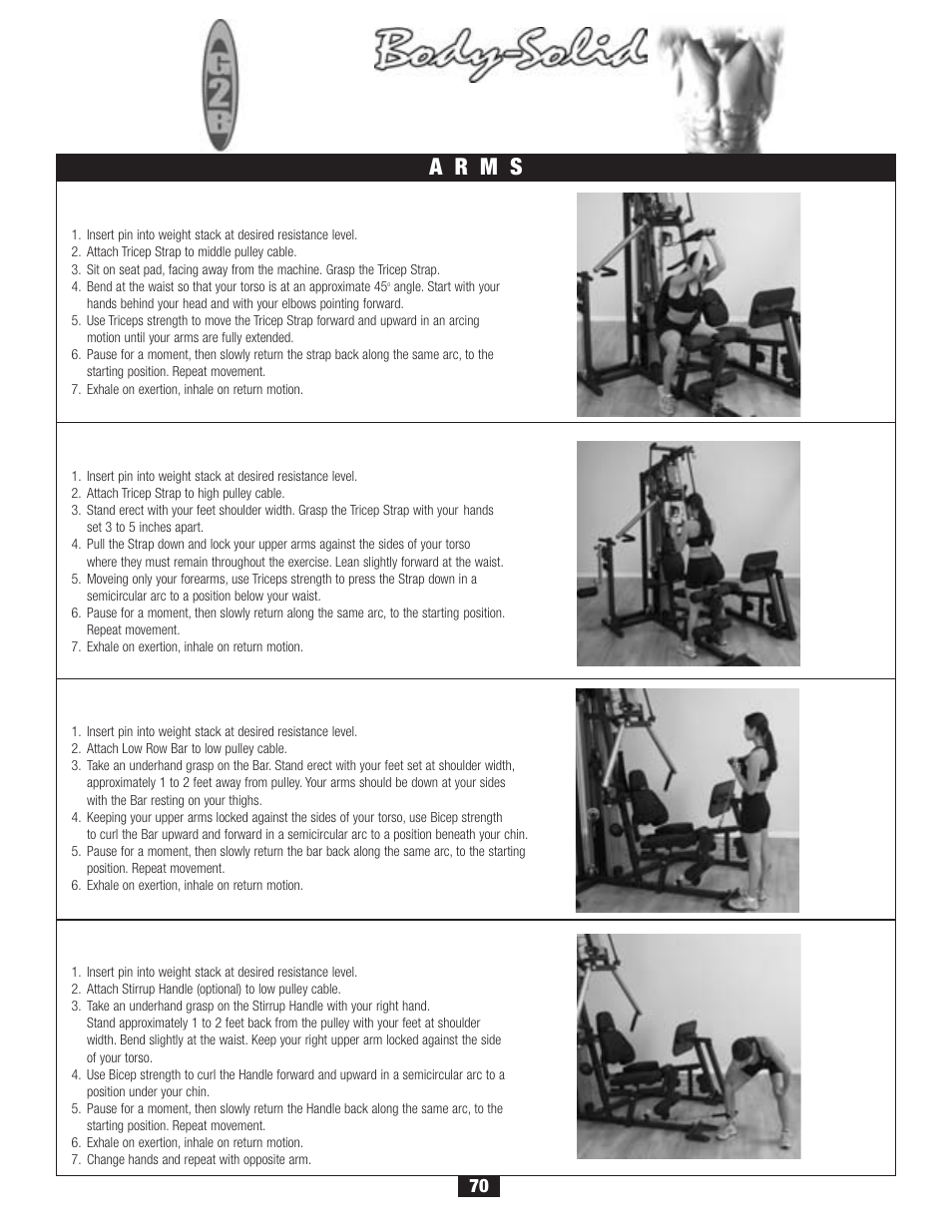 Workout, A r m s, Seated tricep extension | Concentration curl, Standing cable curl, Tricep pressdown | Body Solid G2B User Manual | Page 70 / 86