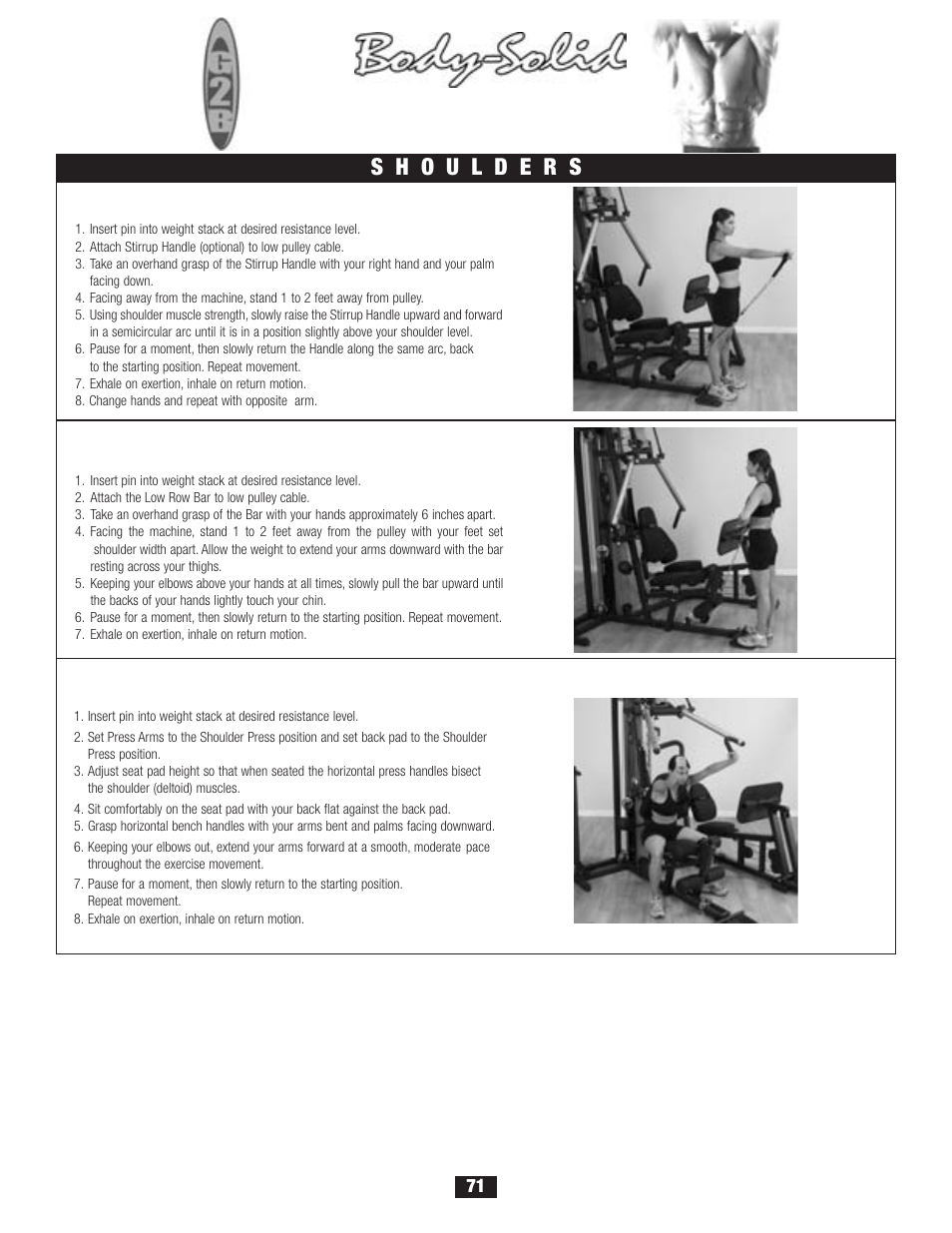 Workout, Deltoid raise, Upright row | Shoulder press | Body Solid G2B User Manual | Page 71 / 86