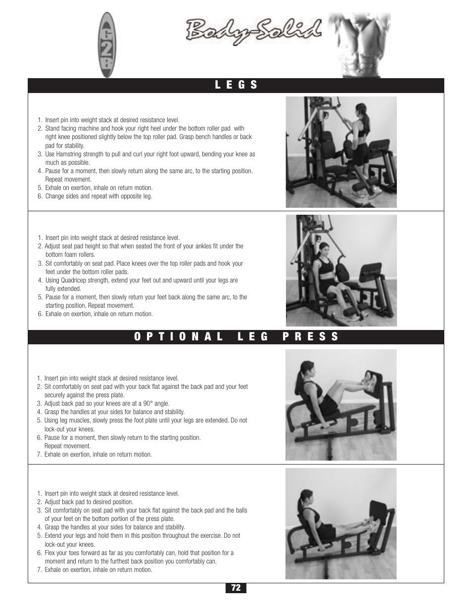 Workout, L e g s, Leg extension | Standing leg curl, Leg press, Calf press | Body Solid G2B User Manual | Page 72 / 86