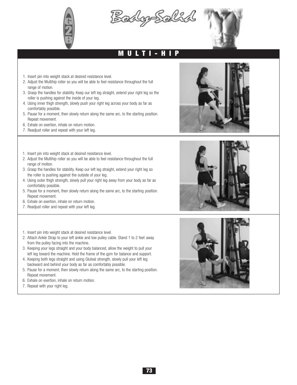 Workout, Leg adduction, Leg abduction | Glute kickback | Body Solid G2B User Manual | Page 73 / 86