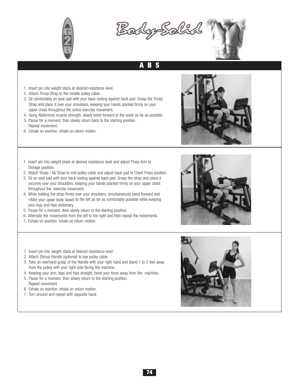 Workout, A b s, Ab crunch | Oblique bend, Oblique crunch | Body Solid G2B User Manual | Page 74 / 86