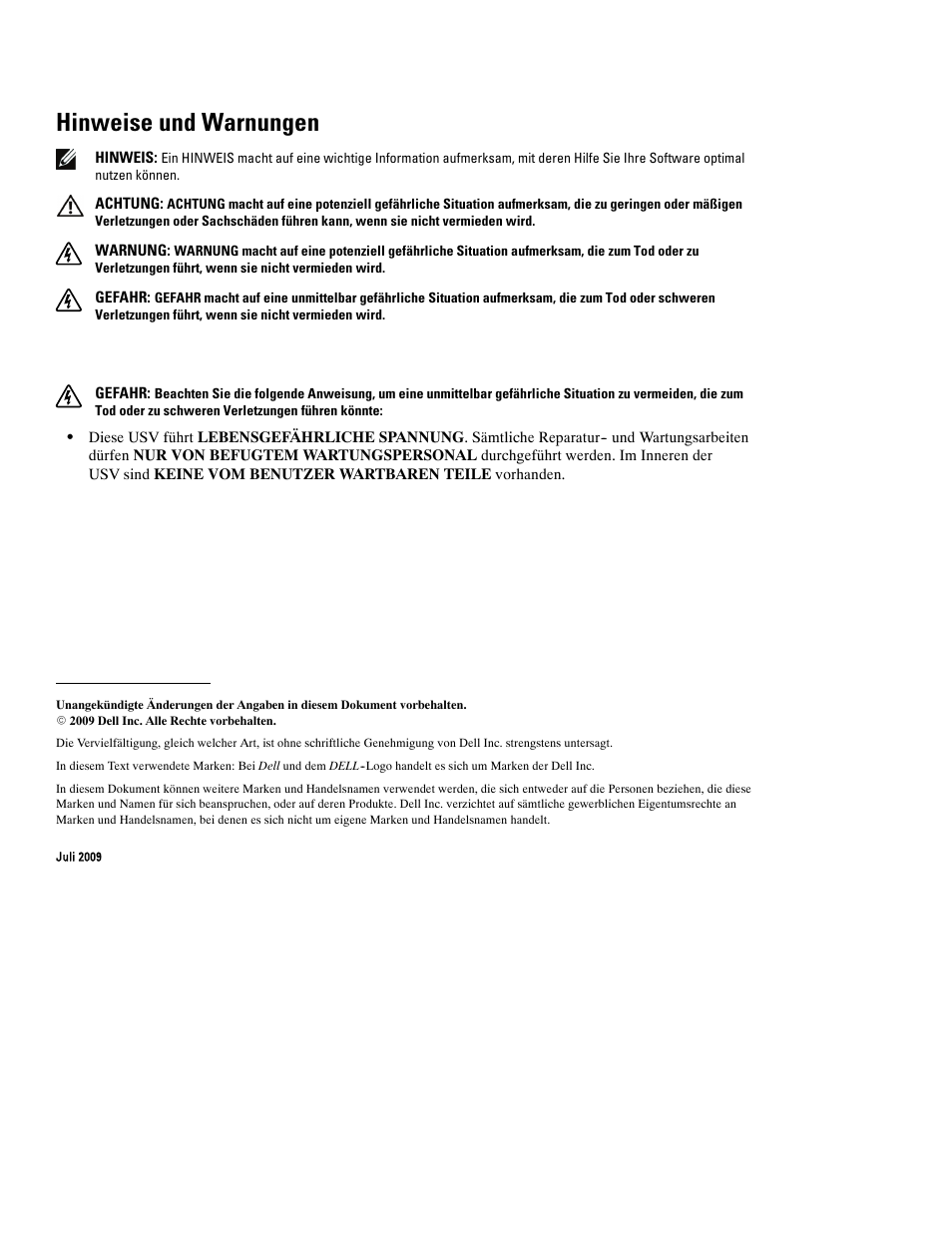 Hinweise und warnungen | Dell UPS 1920T User Manual | Page 18 / 60