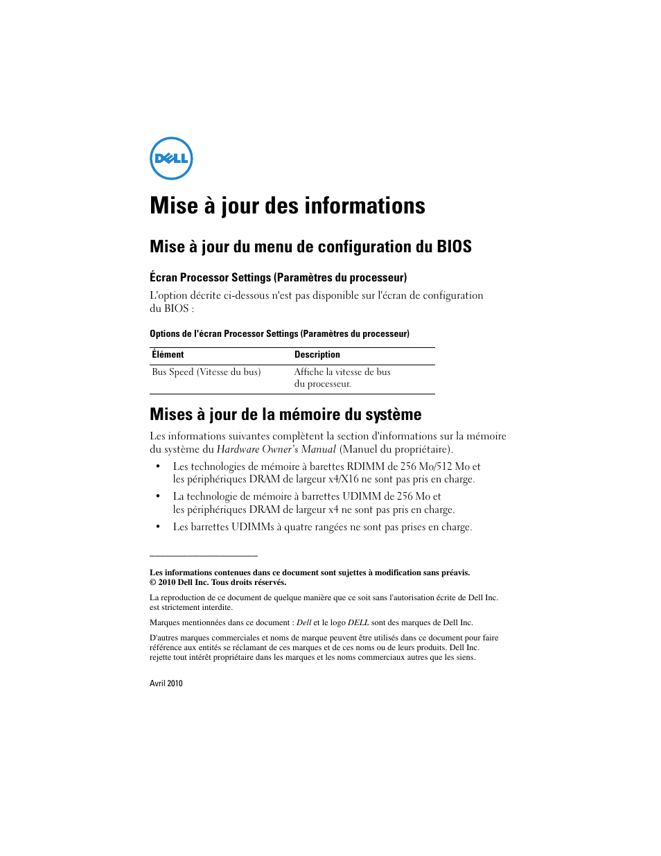 Mise à jour des informations, Mise à jour du menu de configuration du bios, Mises à jour de la mémoire du système | Dell PowerEdge R310 User Manual | Page 3 / 7