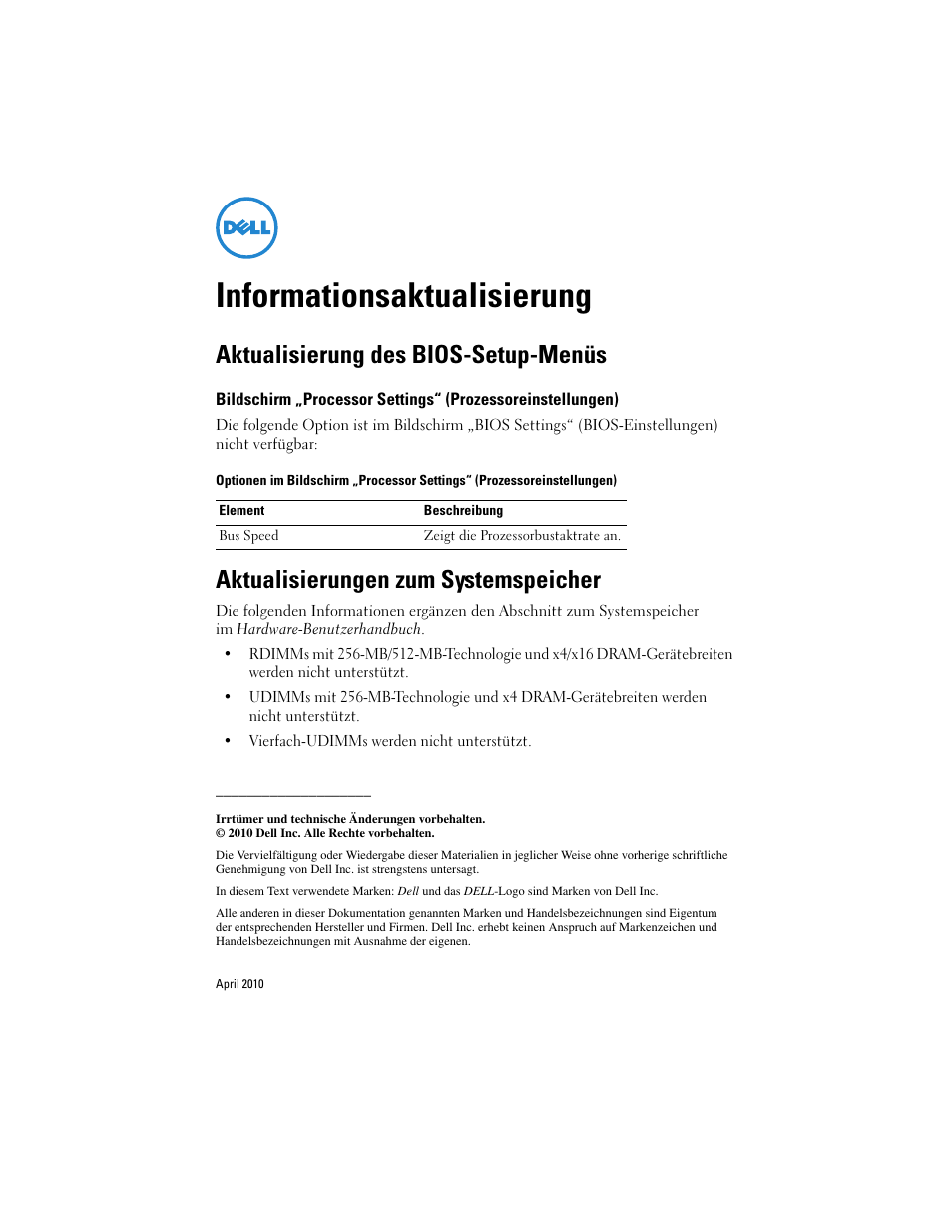 Informationsaktualisierung, Aktualisierung des bios-setup-menüs, Aktualisierungen zum systemspeicher | Dell PowerEdge R310 User Manual | Page 4 / 7