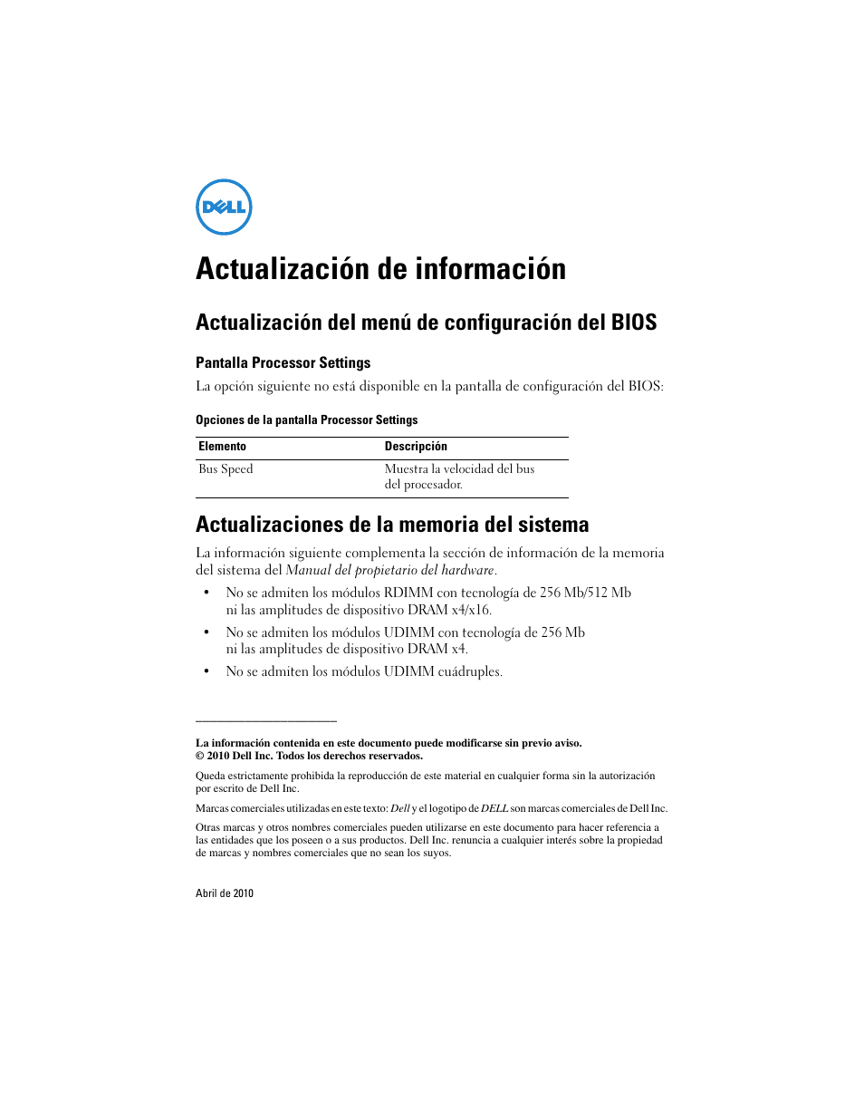 Actualización de información, Actualización del menú de configuración del bios, Pantalla processor settings | Actualizaciones de la memoria del sistema | Dell PowerEdge R310 User Manual | Page 7 / 7