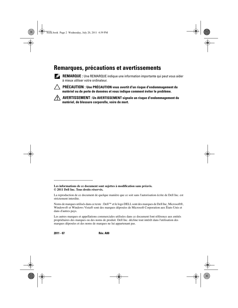 Remarques, précautions et avertissements | Dell Latitude E5520M (Early 2011) User Manual | Page 10 / 32