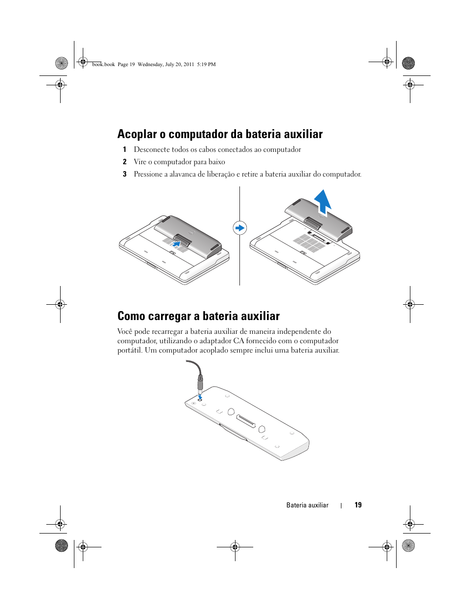 Acoplar o computador da bateria auxiliar, Como carregar a bateria auxiliar | Dell Latitude E5520M (Early 2011) User Manual | Page 21 / 32