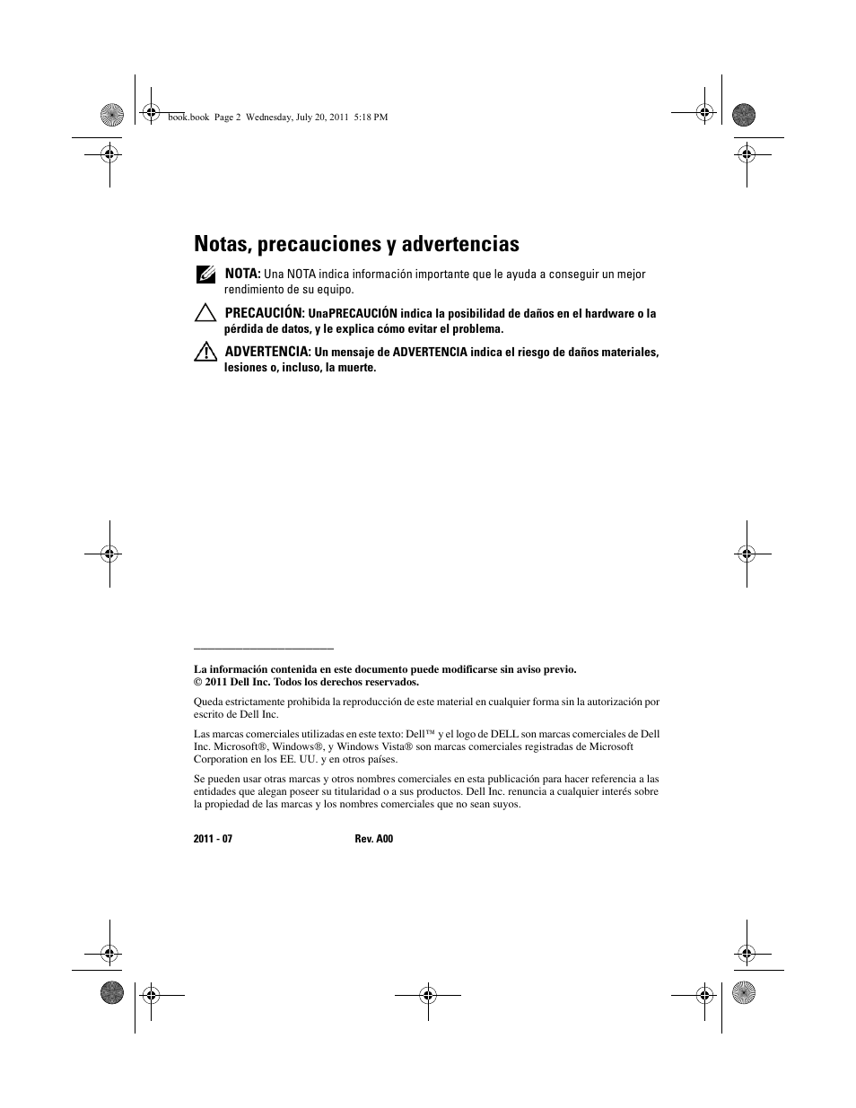 Notas, precauciones y advertencias | Dell Latitude E5520M (Early 2011) User Manual | Page 26 / 32