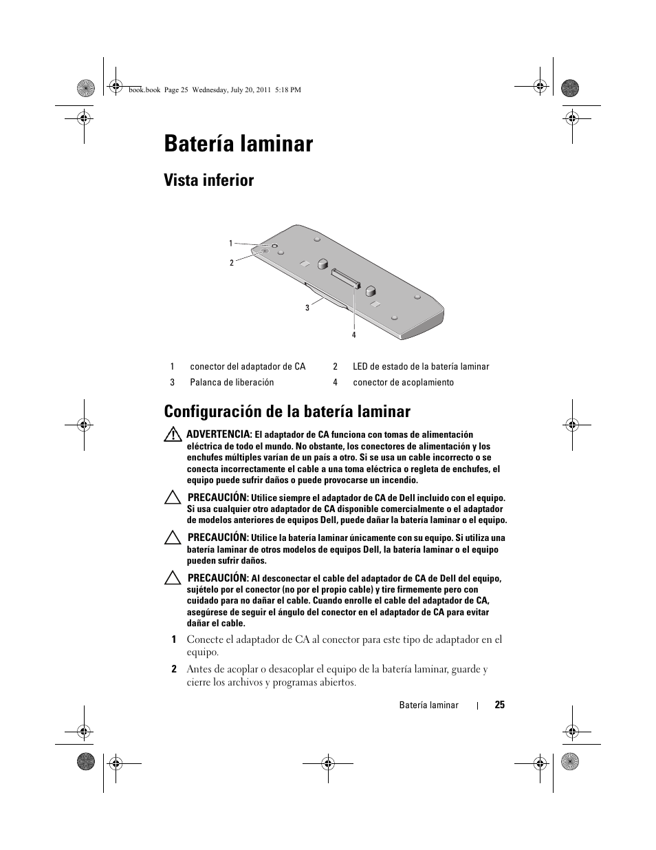 Batería laminar, Vista inferior, Configuración de la batería laminar | Vista inferior configuración de la batería laminar | Dell Latitude E5520M (Early 2011) User Manual | Page 27 / 32