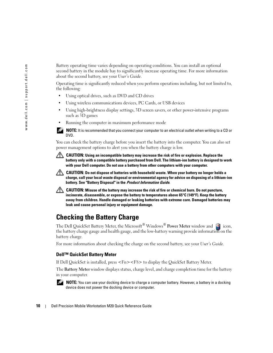 Checking the battery charge, Dell™ quickset battery meter | Dell Precision M20 User Manual | Page 10 / 168