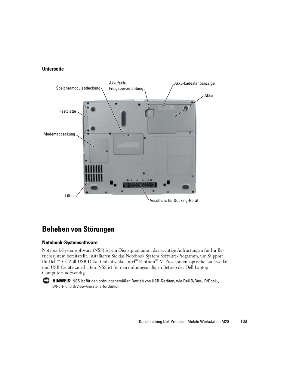 Unterseite, Beheben von störungen, Notebook-systemsoftware | Dell Precision M20 User Manual | Page 103 / 168