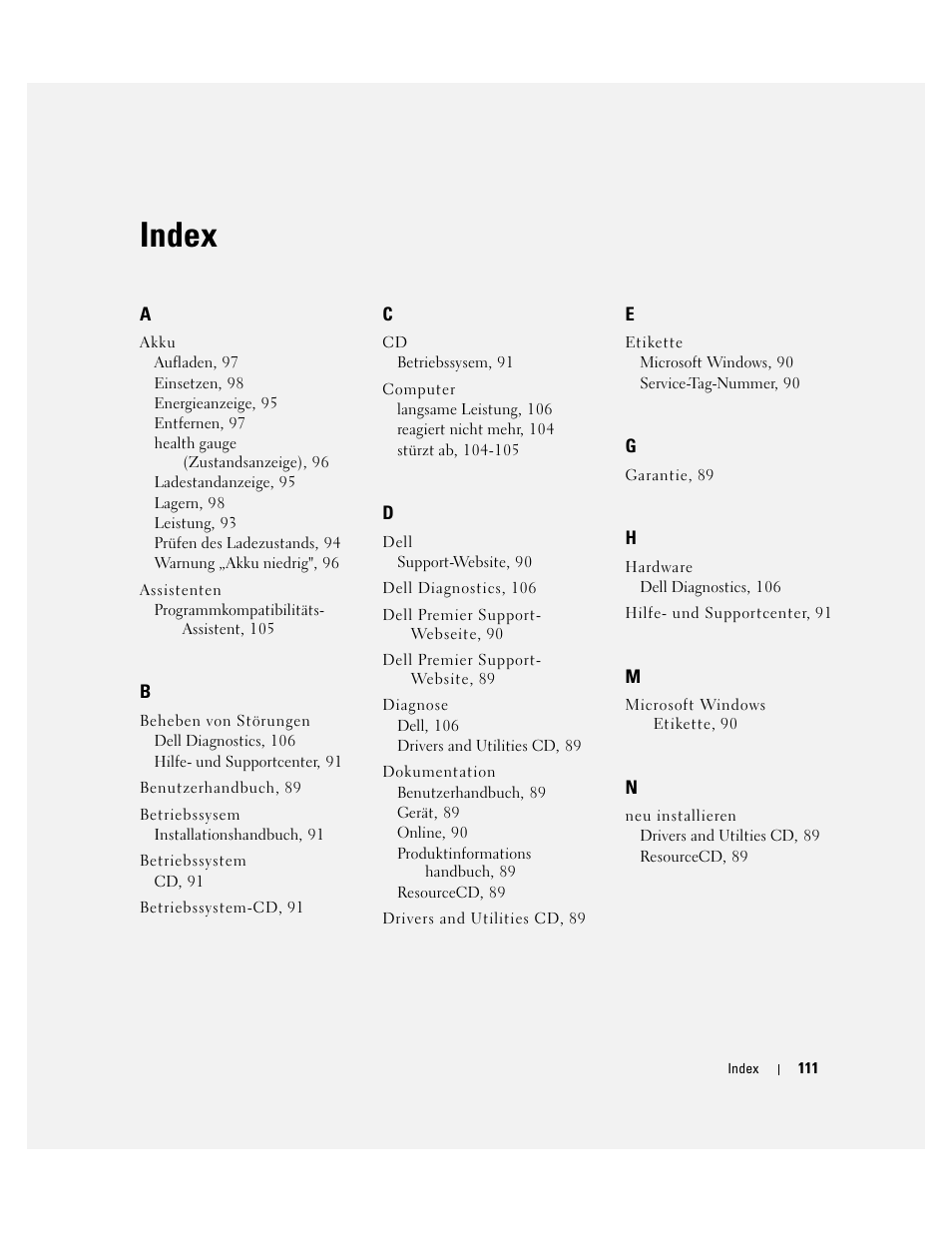 Index | Dell Precision M20 User Manual | Page 111 / 168