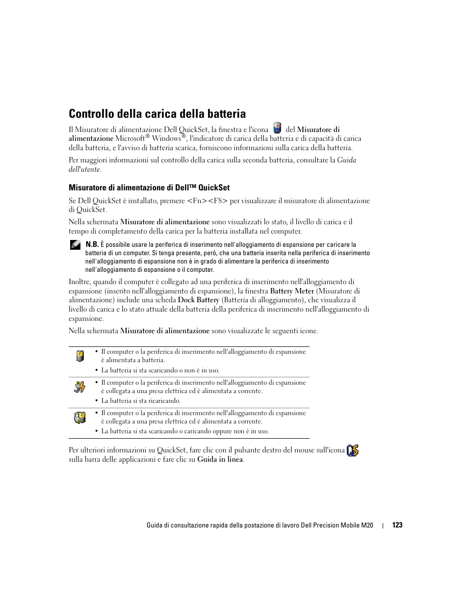 Controllo della carica della batteria, Misuratore di alimentazione di dell™ quickset | Dell Precision M20 User Manual | Page 123 / 168