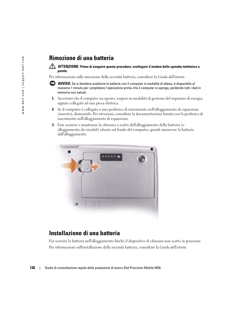Rimozione di una batteria, Installazione di una batteria | Dell Precision M20 User Manual | Page 126 / 168