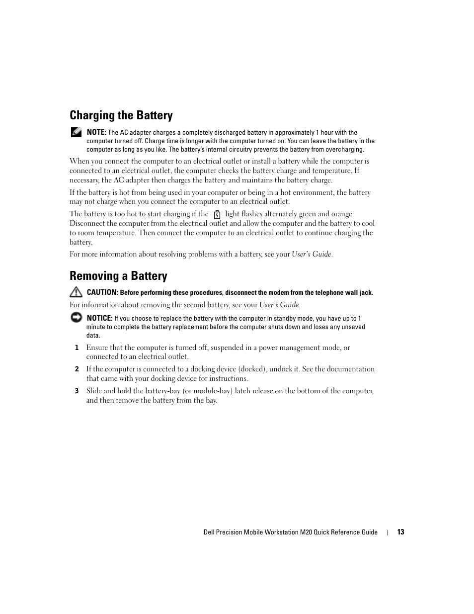 Charging the battery, Removing a battery | Dell Precision M20 User Manual | Page 13 / 168