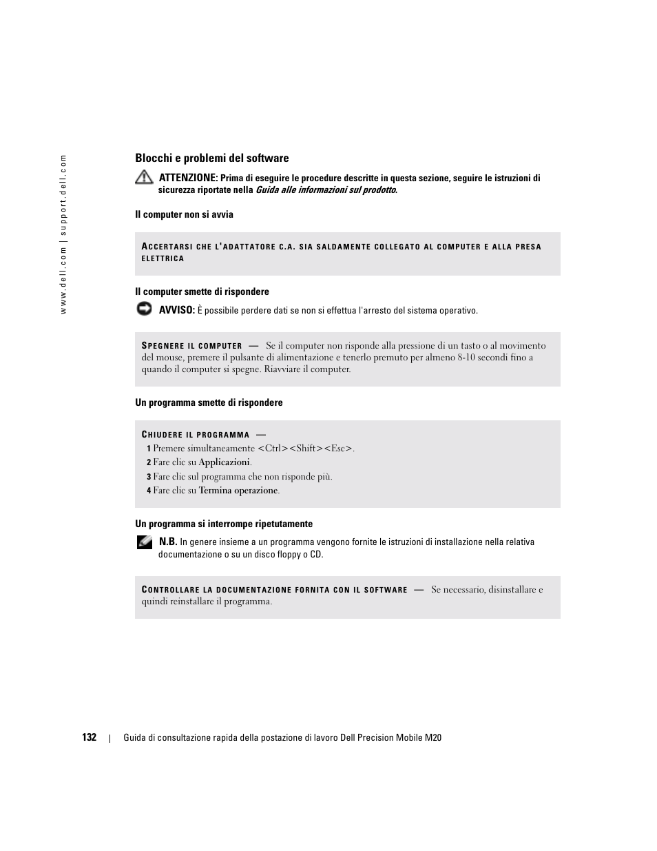 Blocchi e problemi del software | Dell Precision M20 User Manual | Page 132 / 168