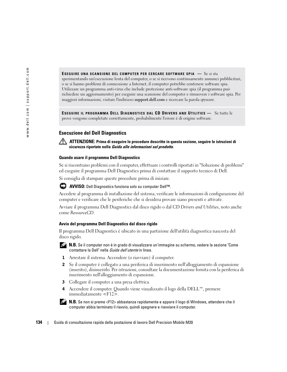 Esecuzione del dell diagnostics | Dell Precision M20 User Manual | Page 134 / 168