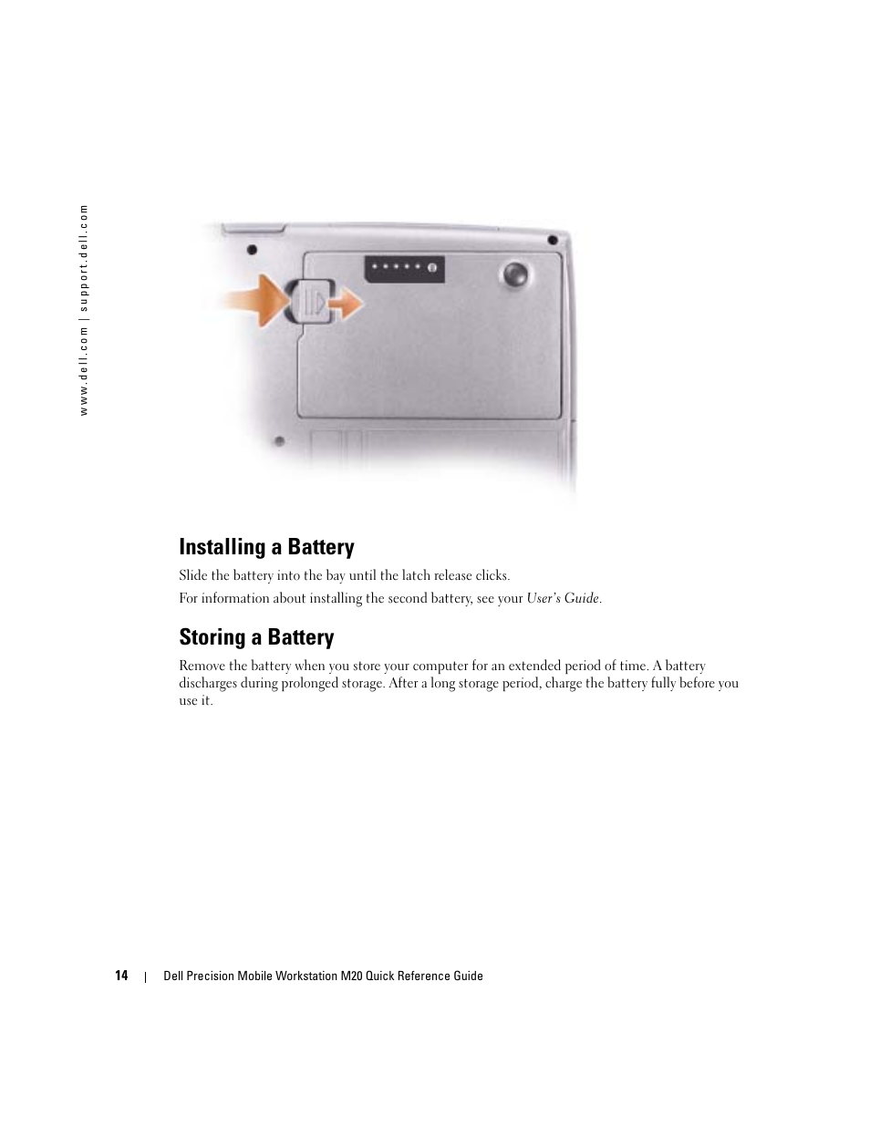 Installing a battery, Storing a battery | Dell Precision M20 User Manual | Page 14 / 168