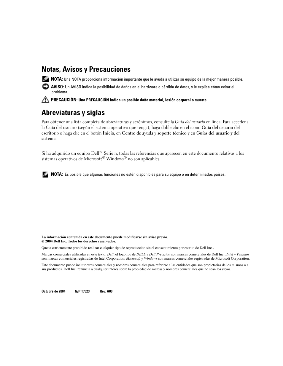 Notas, avisos y precauciones, Abreviaturas y siglas | Dell Precision M20 User Manual | Page 142 / 168