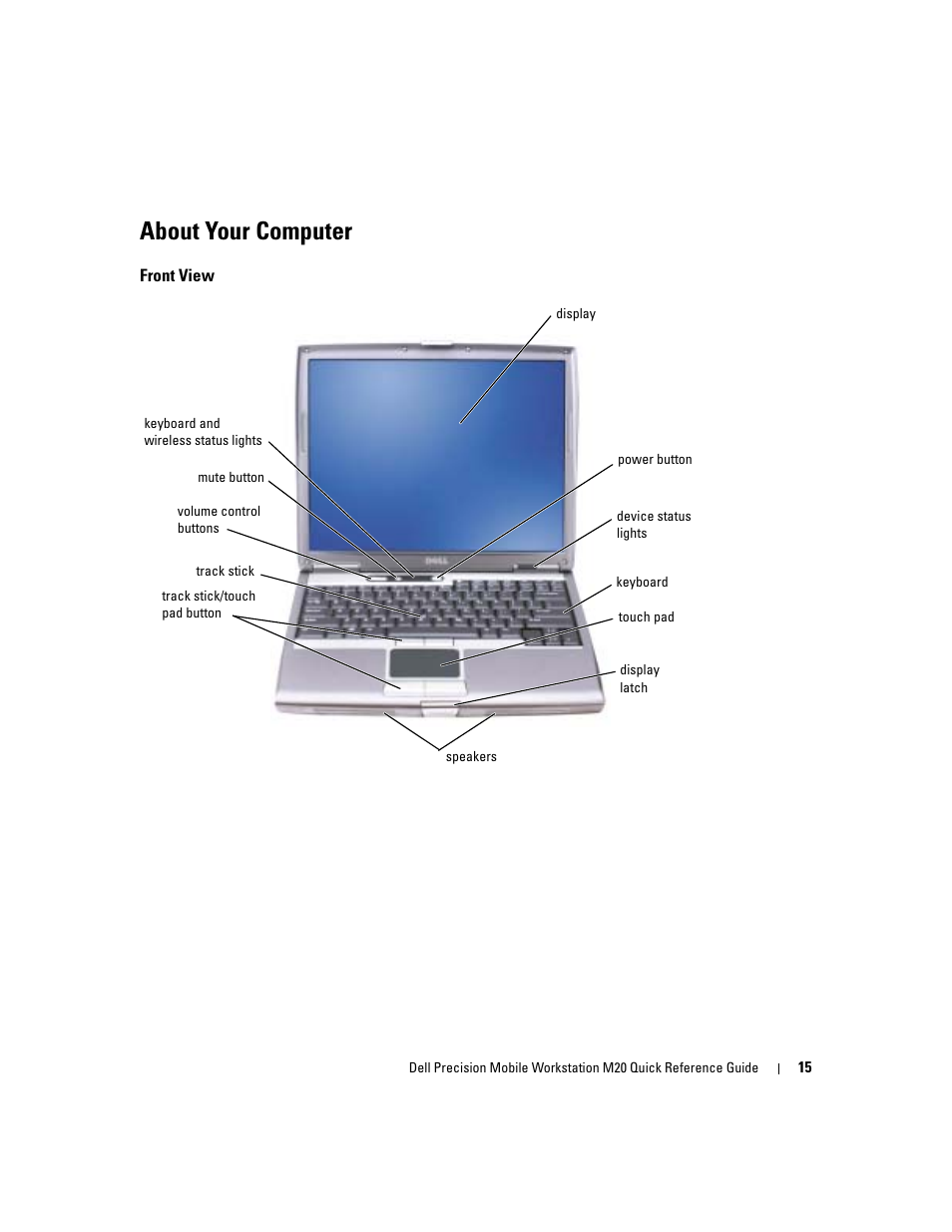 About your computer, Front view | Dell Precision M20 User Manual | Page 15 / 168