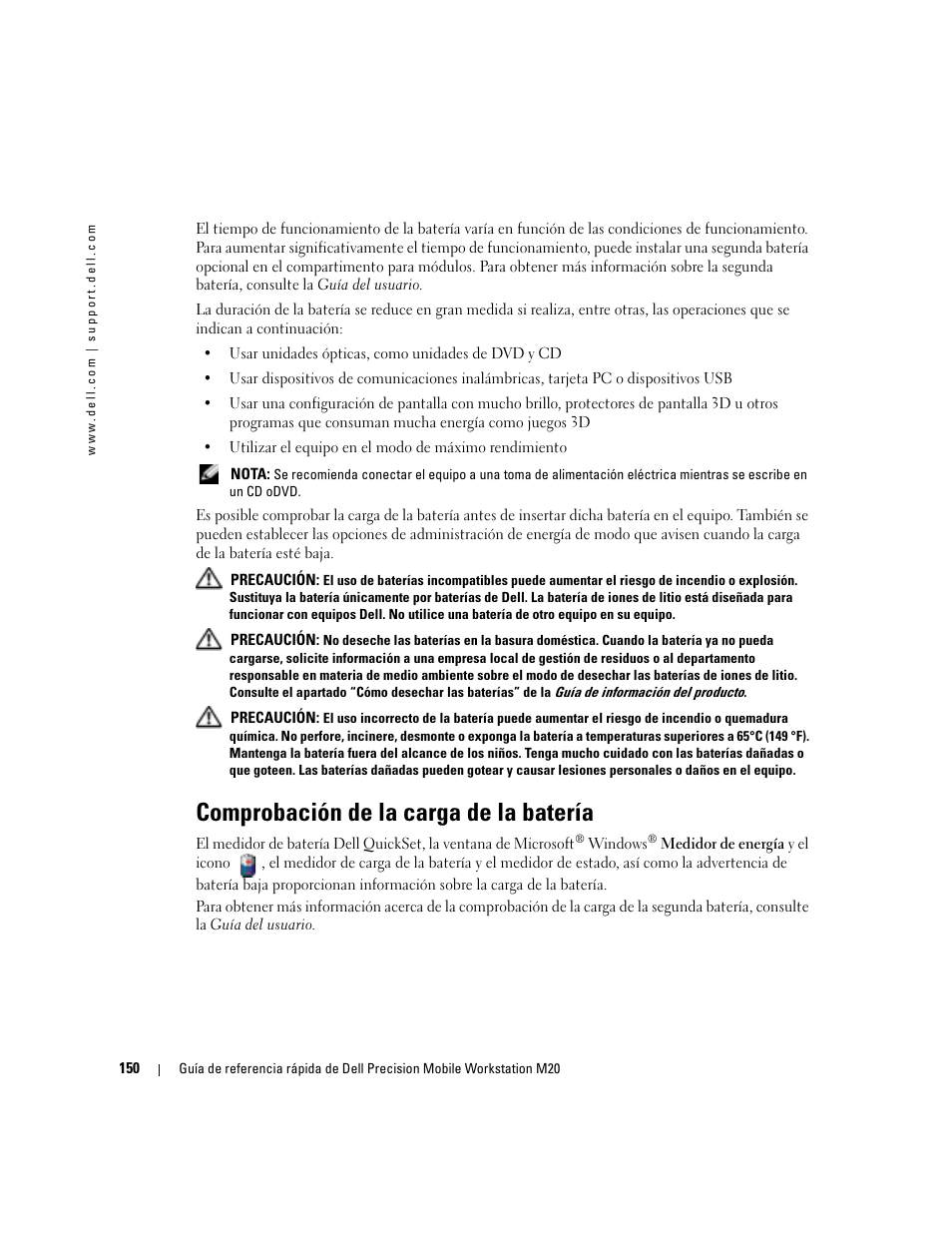 Comprobación de la carga de la batería | Dell Precision M20 User Manual | Page 150 / 168