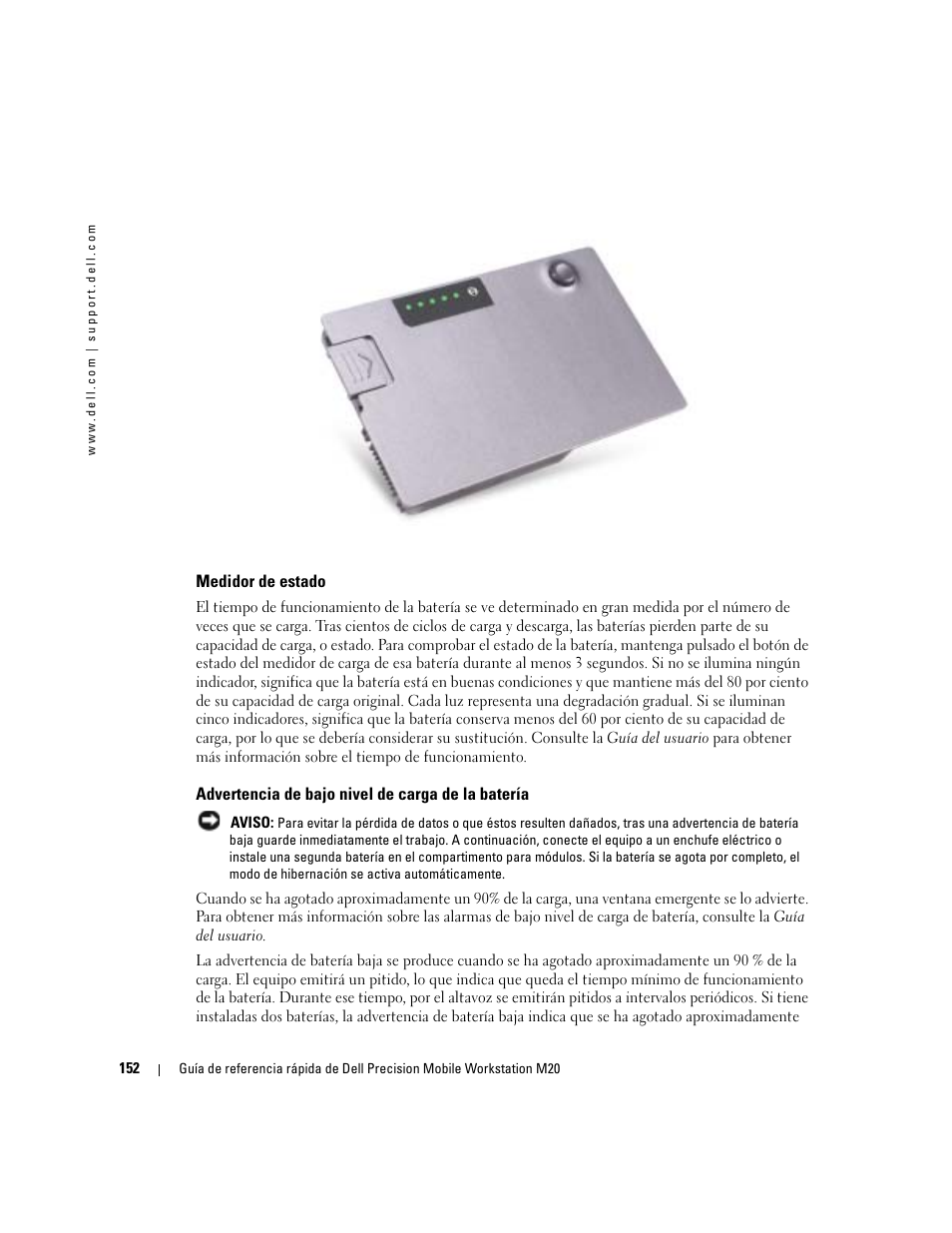 Medidor de estado, Advertencia de bajo nivel de carga de la batería | Dell Precision M20 User Manual | Page 152 / 168