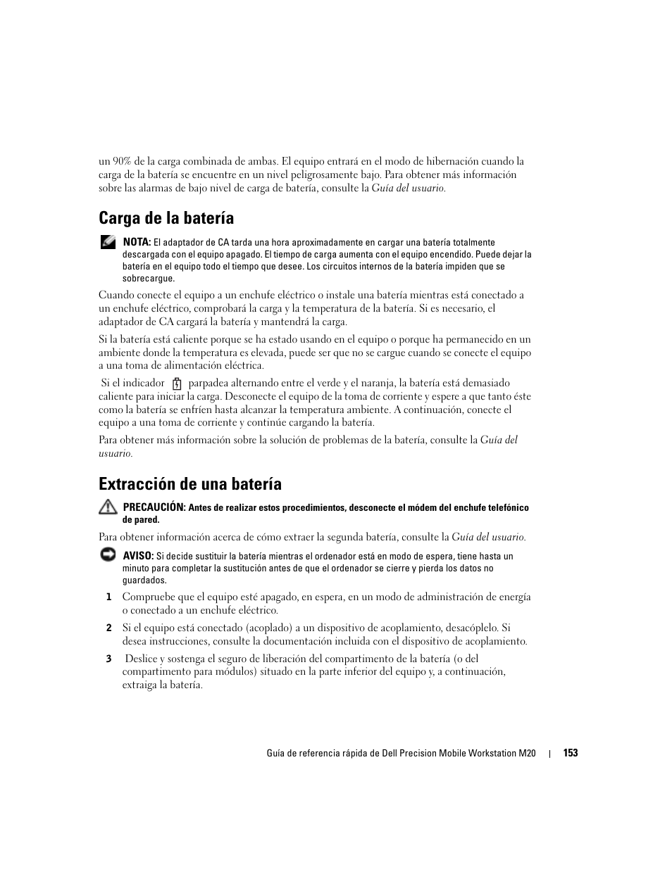 Carga de la batería, Extracción de una batería | Dell Precision M20 User Manual | Page 153 / 168