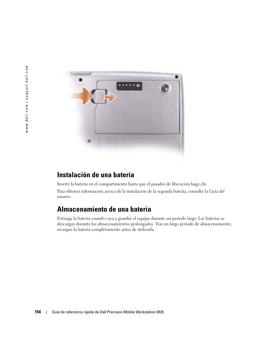 Instalación de una batería, Almacenamiento de una batería | Dell Precision M20 User Manual | Page 154 / 168