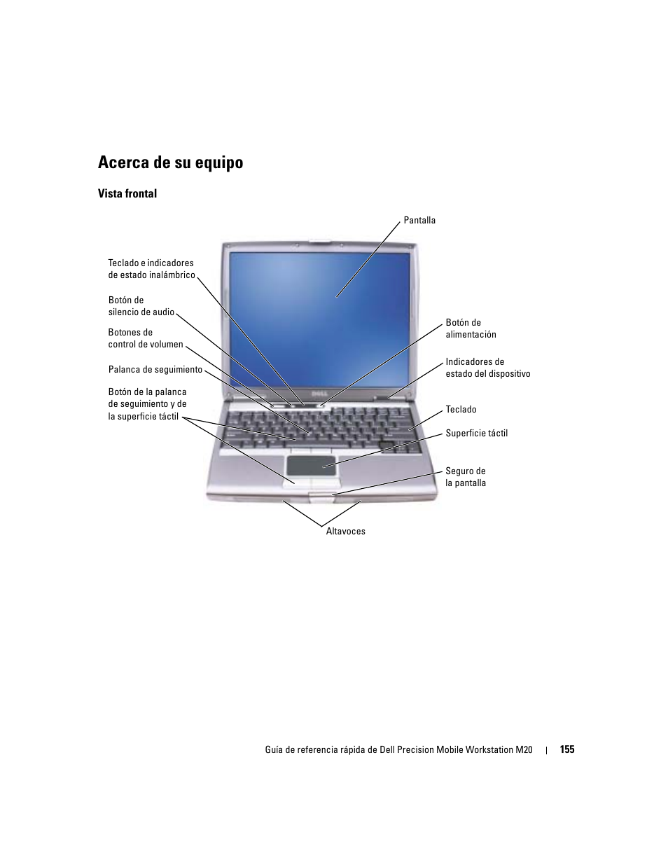Acerca de su equipo, Vista frontal | Dell Precision M20 User Manual | Page 155 / 168