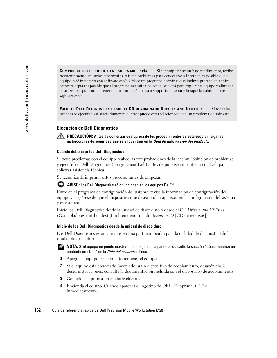 Ejecución de dell diagnostics | Dell Precision M20 User Manual | Page 162 / 168