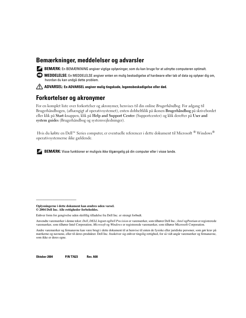 Bemærkninger, meddelelser og advarsler, Forkortelser og akronymer | Dell Precision M20 User Manual | Page 30 / 168