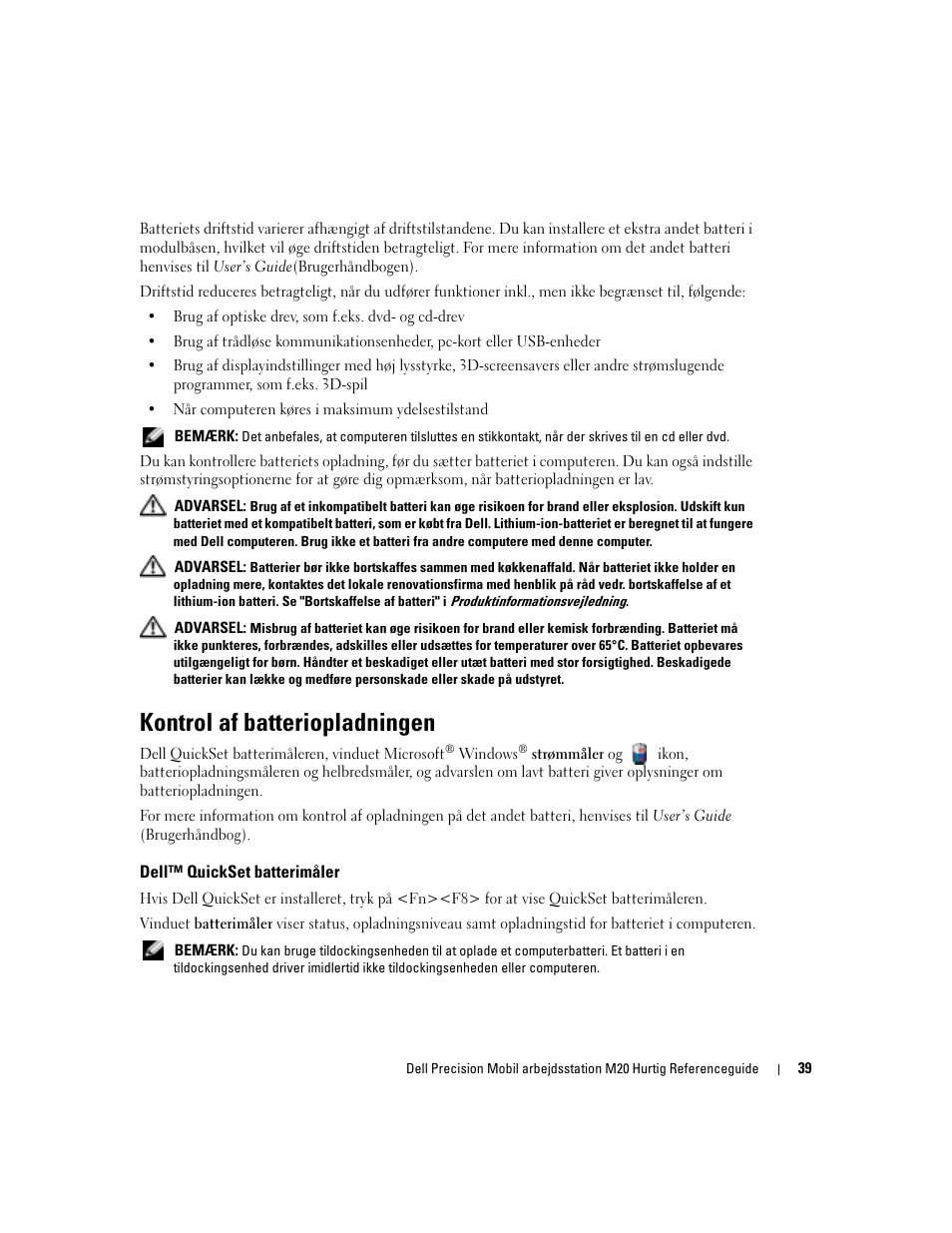 Kontrol af batteriopladningen, Dell™ quickset batterimåler | Dell Precision M20 User Manual | Page 39 / 168