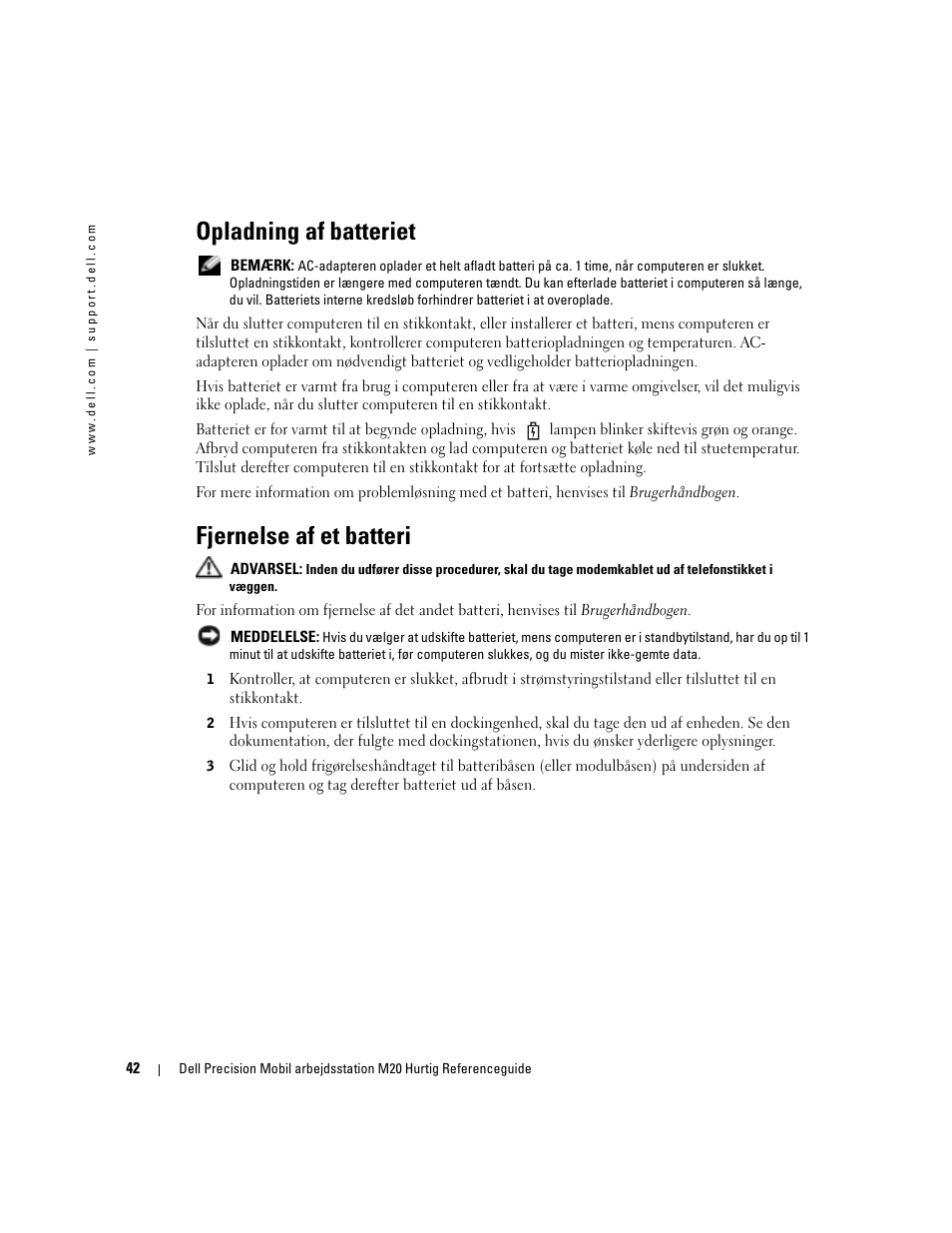Opladning af batteriet, Fjernelse af et batteri | Dell Precision M20 User Manual | Page 42 / 168