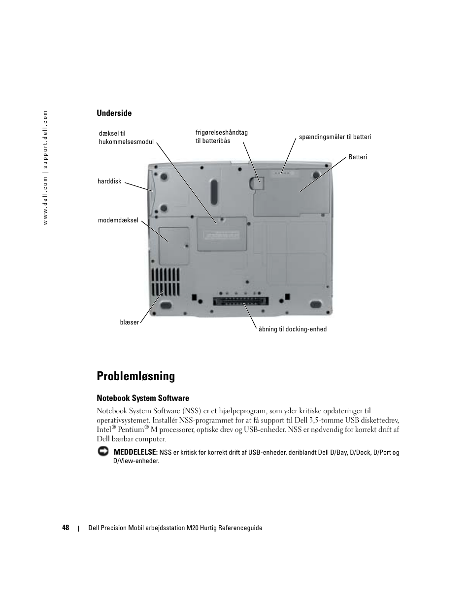 Underside, Problemløsning, Notebook system software | Dell Precision M20 User Manual | Page 48 / 168