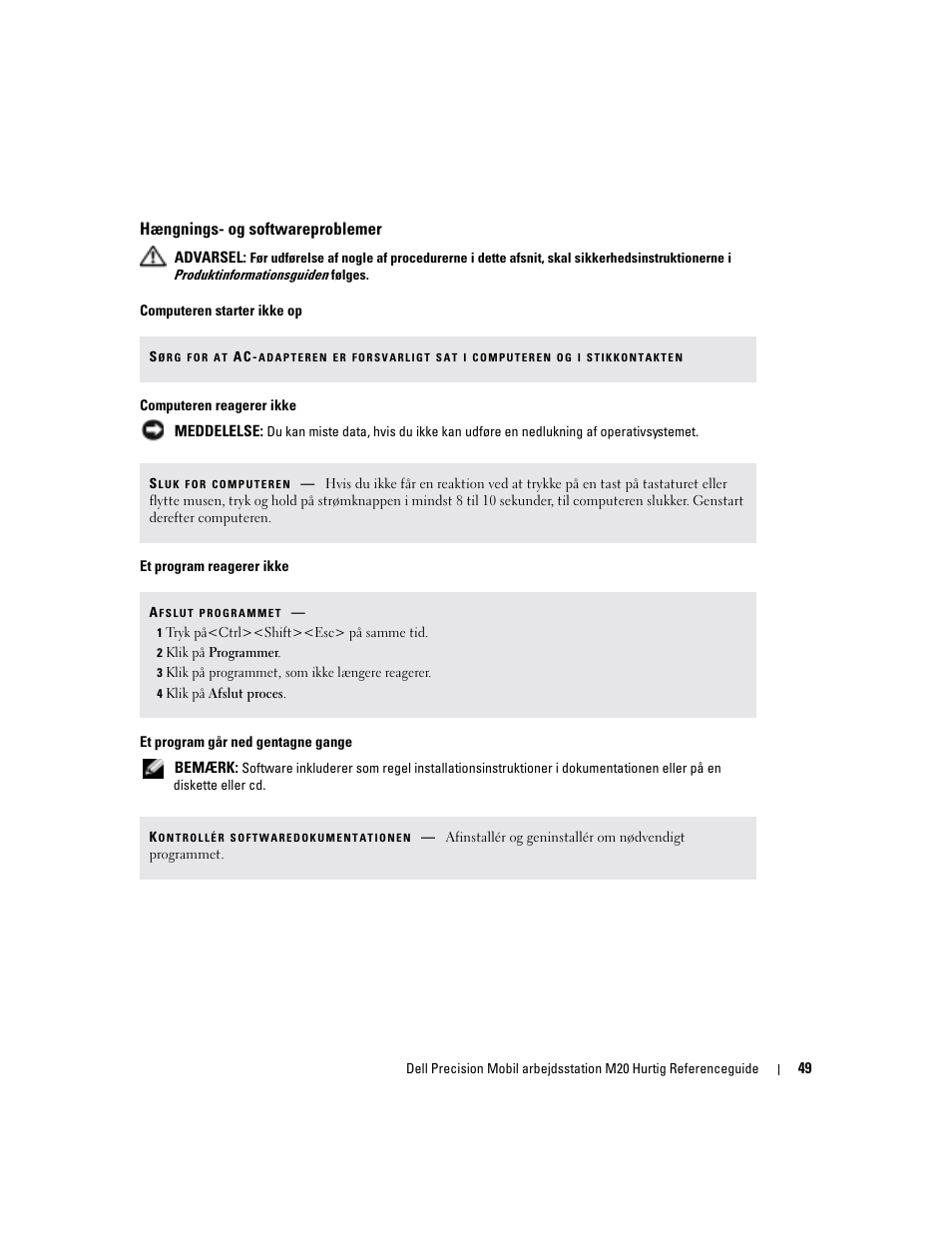 Hængnings- og softwareproblemer | Dell Precision M20 User Manual | Page 49 / 168