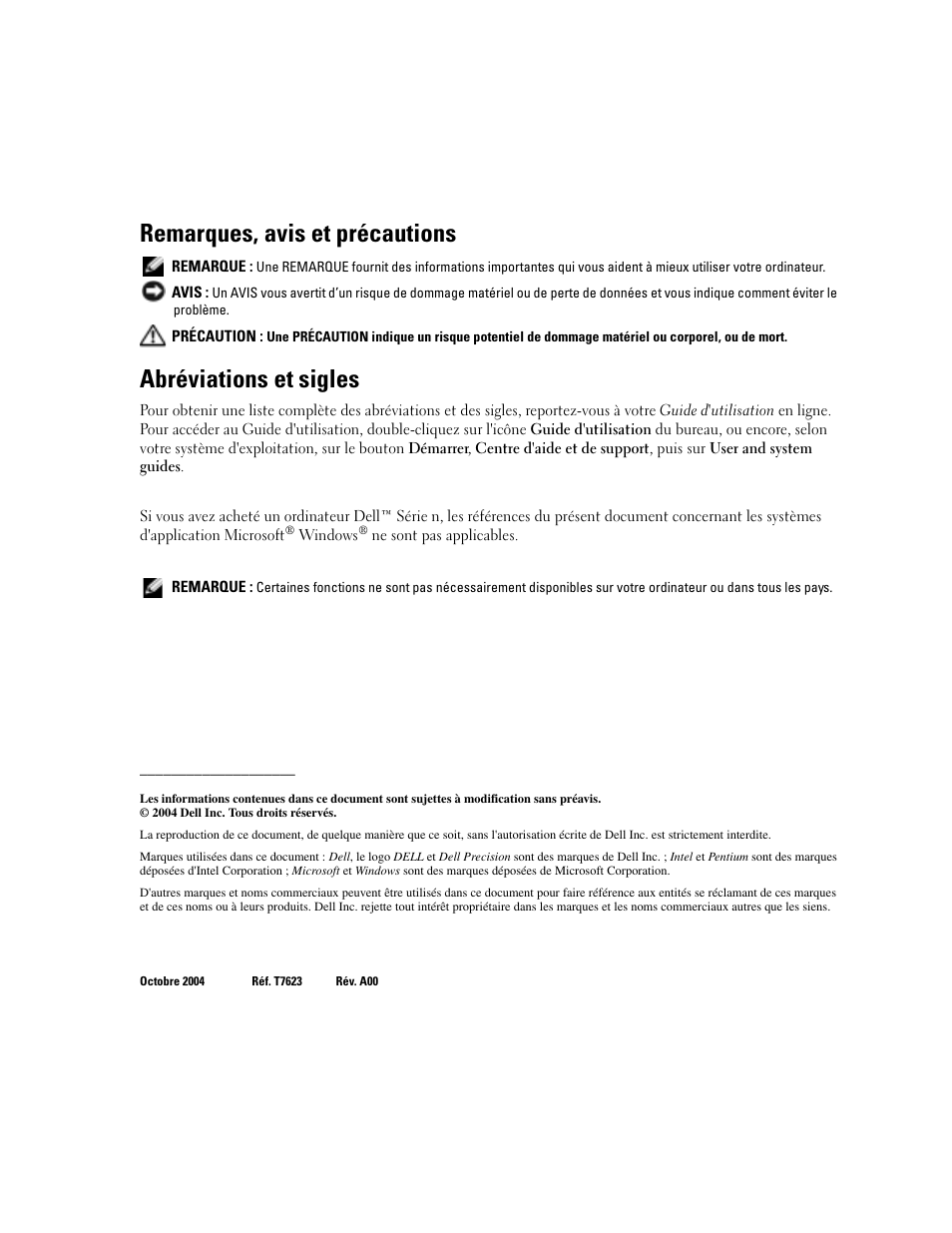 Remarques, avis et précautions, Abréviations et sigles | Dell Precision M20 User Manual | Page 58 / 168