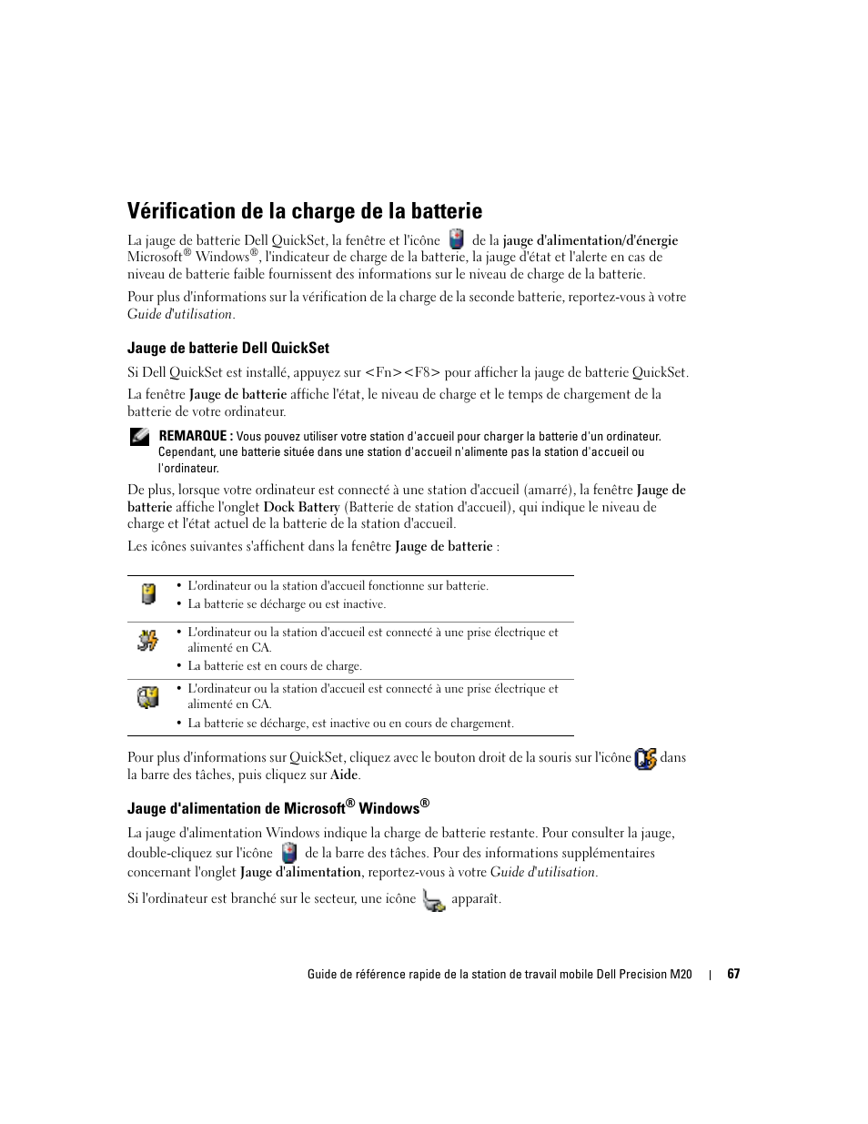 Vérification de la charge de la batterie, Jauge de batterie dell quickset, Jauge d'alimentation de microsoft® windows | Jauge d'alimentation de microsoft | Dell Precision M20 User Manual | Page 67 / 168