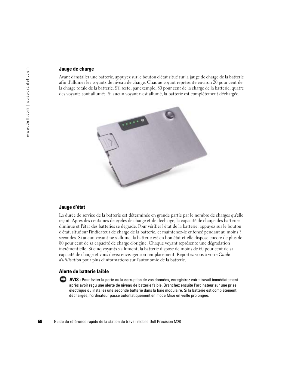 Jauge de charge, Jauge d'état, Alerte de batterie faible | Ge de la batterie est bas | Dell Precision M20 User Manual | Page 68 / 168