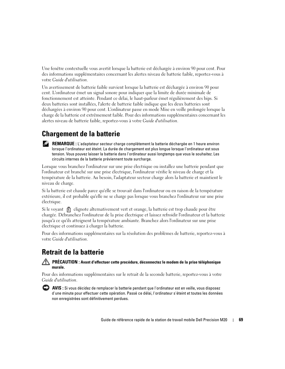 Chargement de la batterie, Retrait de la batterie | Dell Precision M20 User Manual | Page 69 / 168