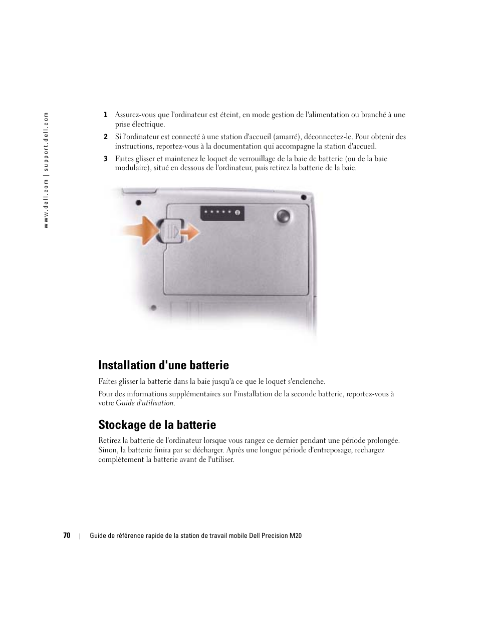 Installation d'une batterie, Stockage de la batterie | Dell Precision M20 User Manual | Page 70 / 168