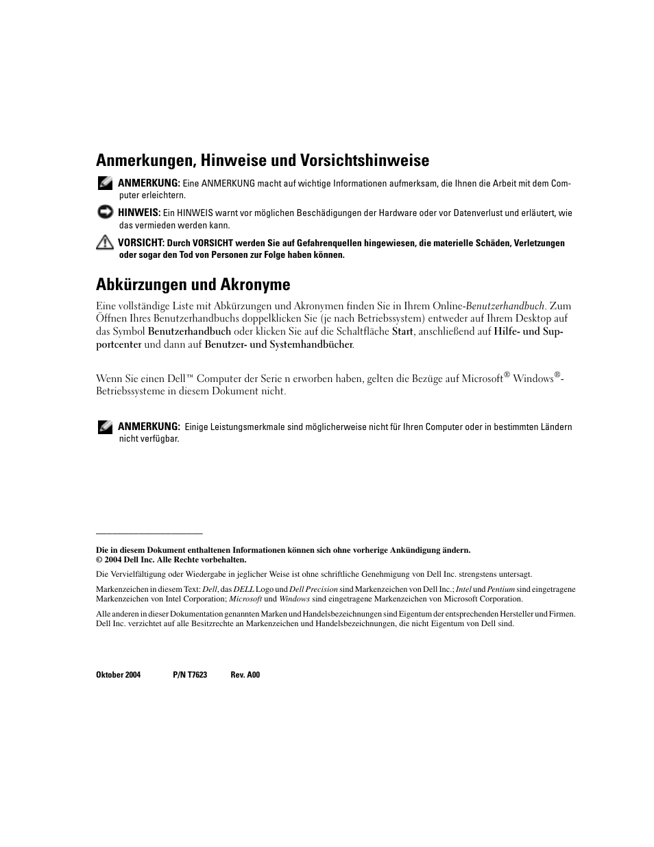 Anmerkungen, hinweise und vorsichtshinweise, Abkürzungen und akronyme | Dell Precision M20 User Manual | Page 86 / 168