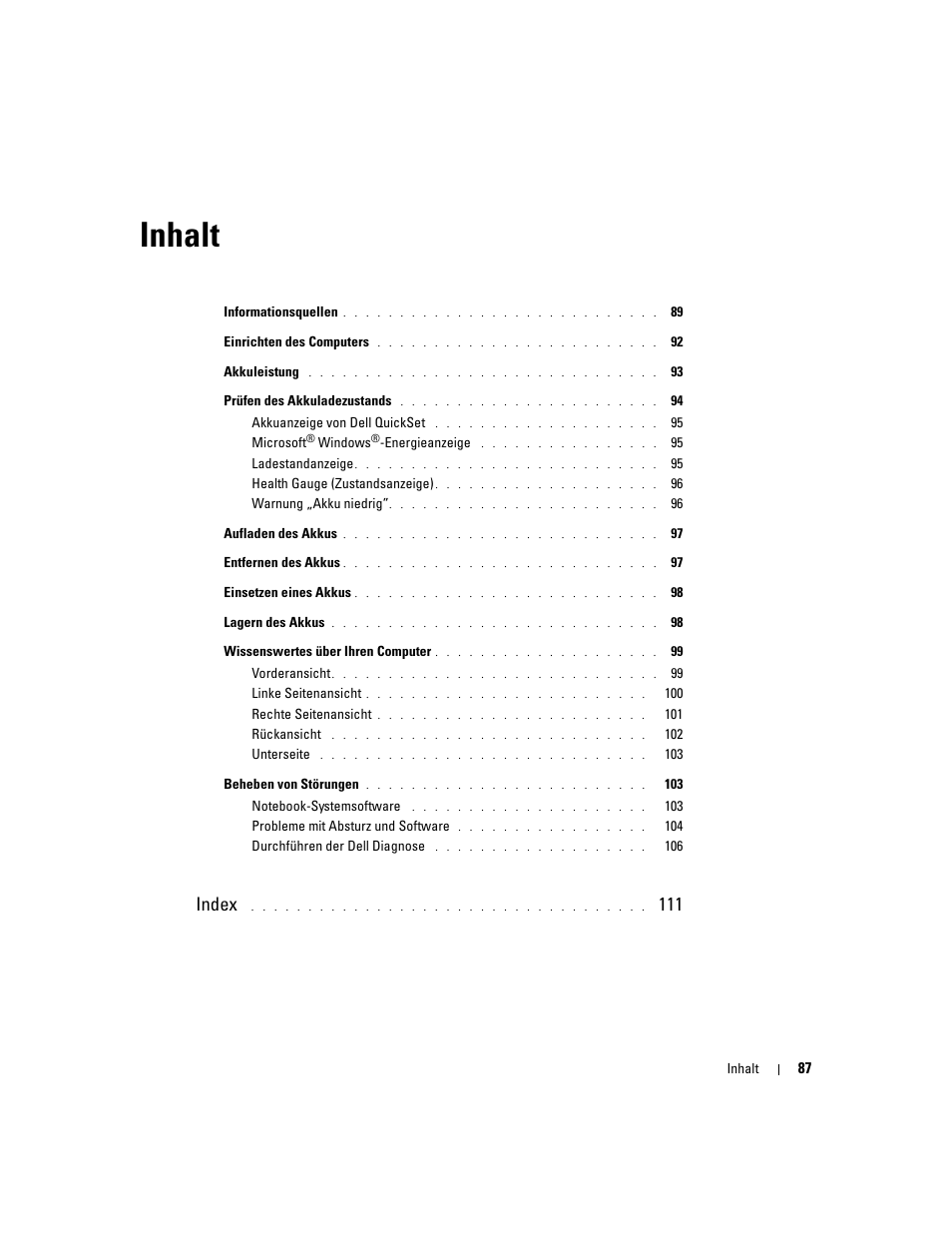 Inhalt, Index | Dell Precision M20 User Manual | Page 87 / 168