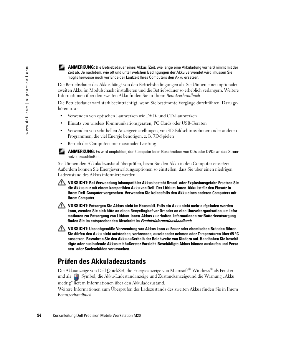 Prüfen des akkuladezustands | Dell Precision M20 User Manual | Page 94 / 168