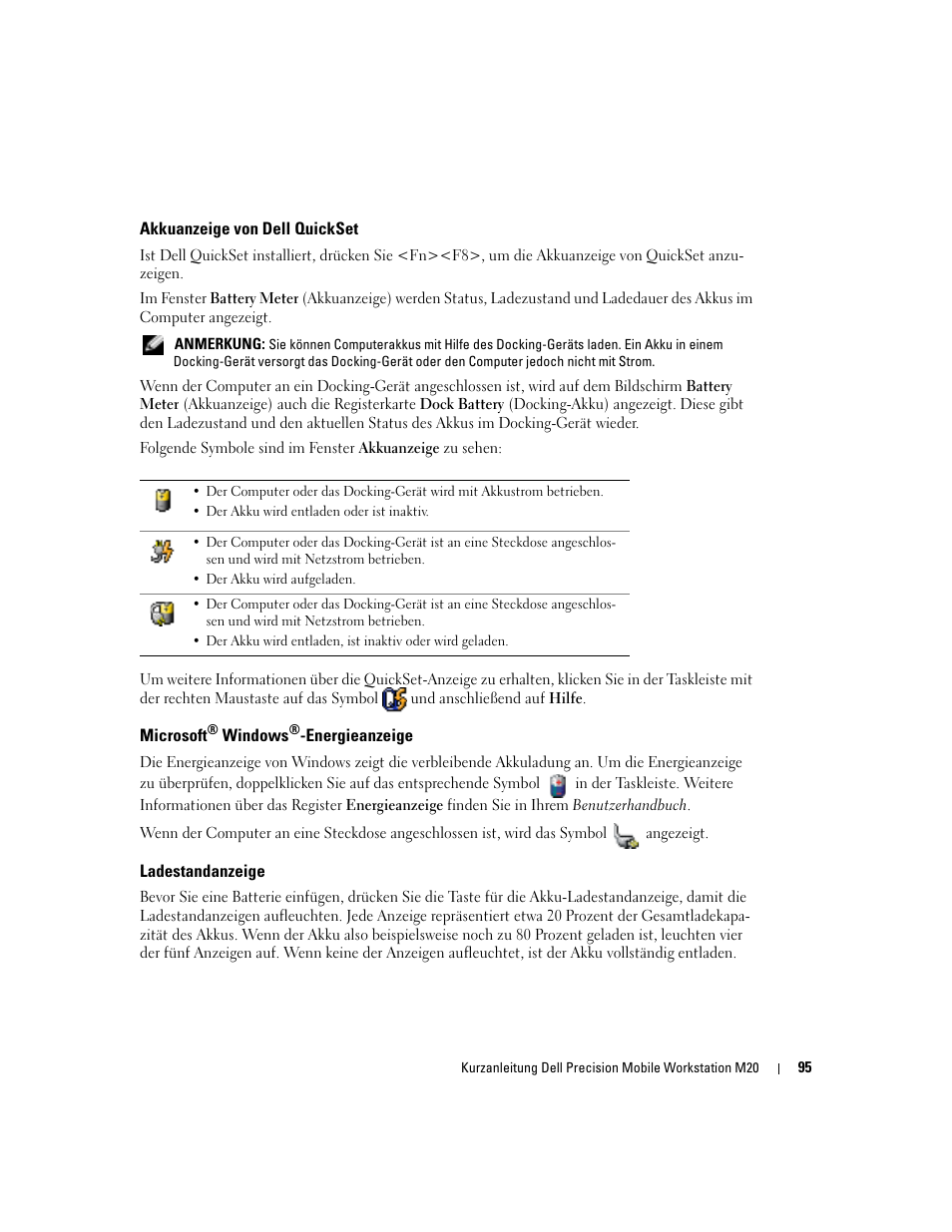 Akkuanzeige von dell quickset, Microsoft® windows®-energieanzeige, Ladestandanzeige | Microsoft | Dell Precision M20 User Manual | Page 95 / 168